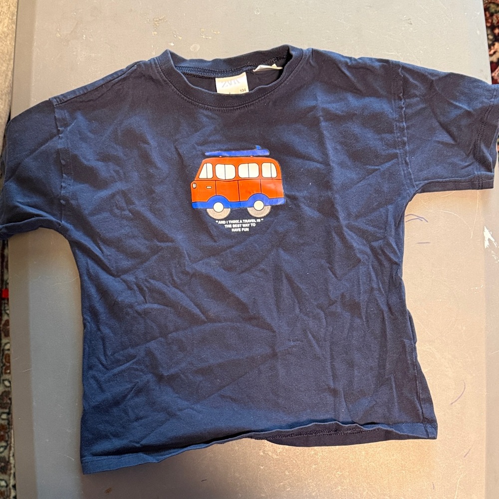 Zara Kids Dark Blue Tee with Red Bus Graphic